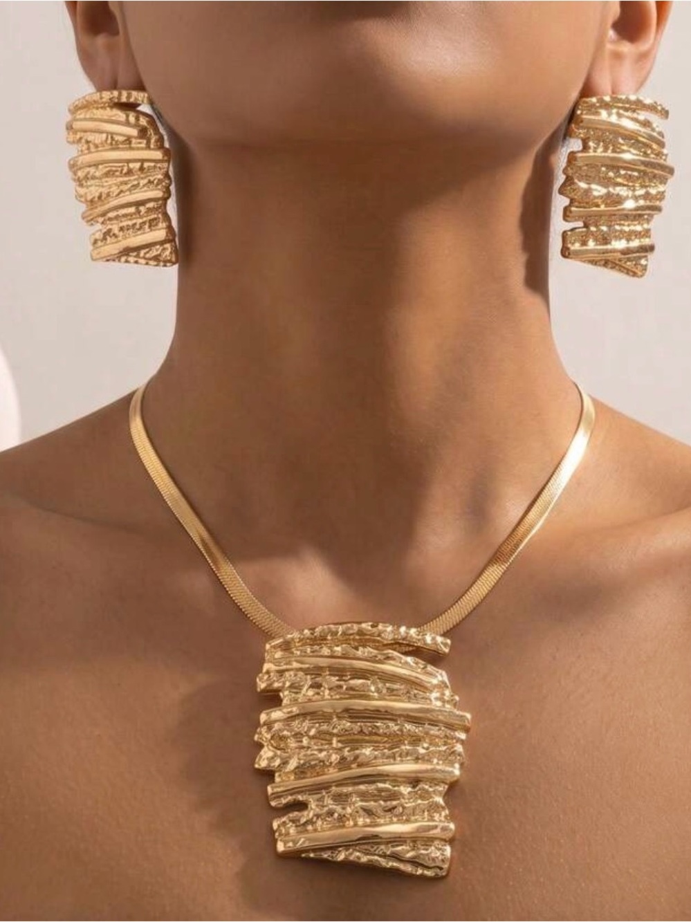 Gold Textured Statement Necklace & Earrings Set - Women Jewelry
